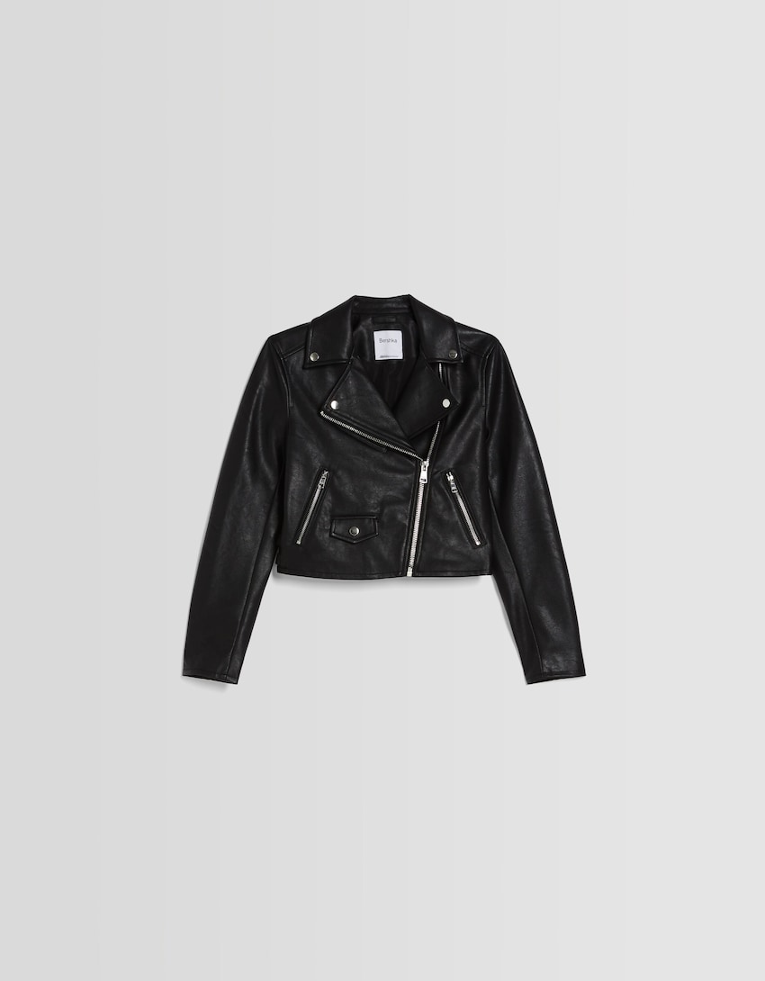 Chaqueta Cuero Negra Bershka Chamarra Tipo Piel Bershka Biker